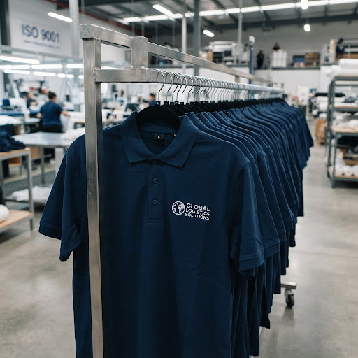 Garment rack with identical navy blue polo shirts